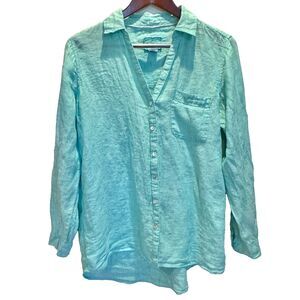 Sigrid Olsen 100% linen teal roll tab sleeve tunic women’s M minimalist preppy